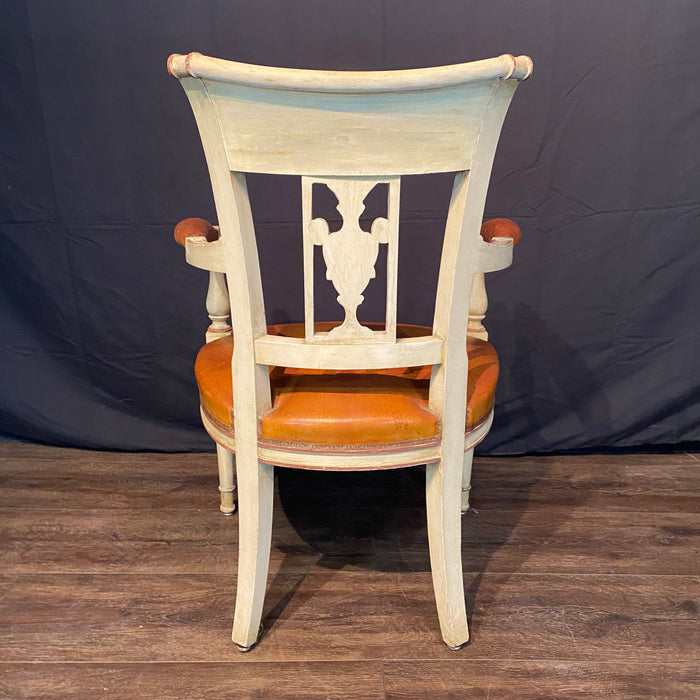 Spectacular Pair of French Neoclassical Figural Leather Armchairs or Fauteuils with Original Paint