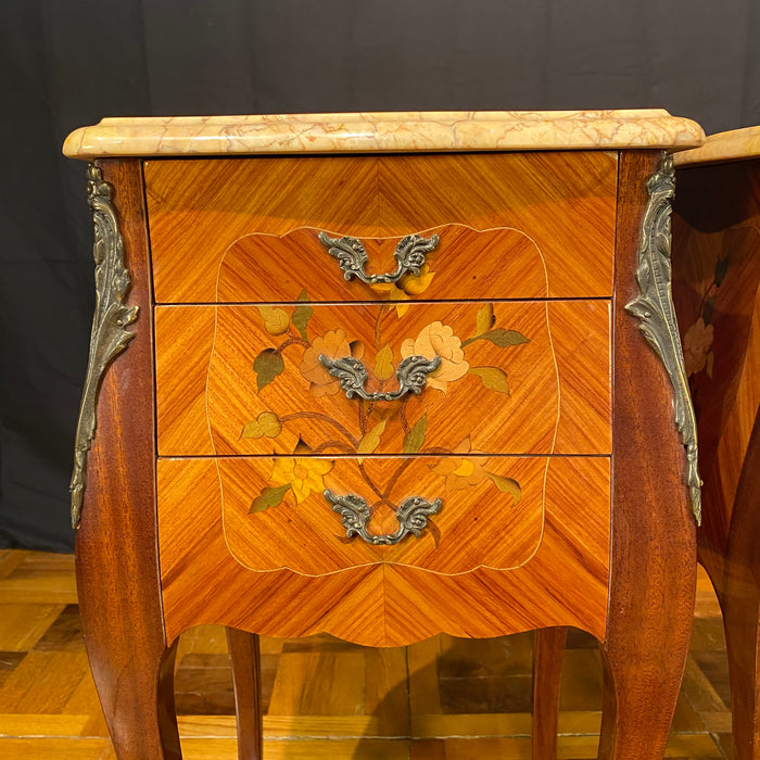 Pair French Louis XV Satinwood Nightstands with Inlaid Marquetry and Marble Tops