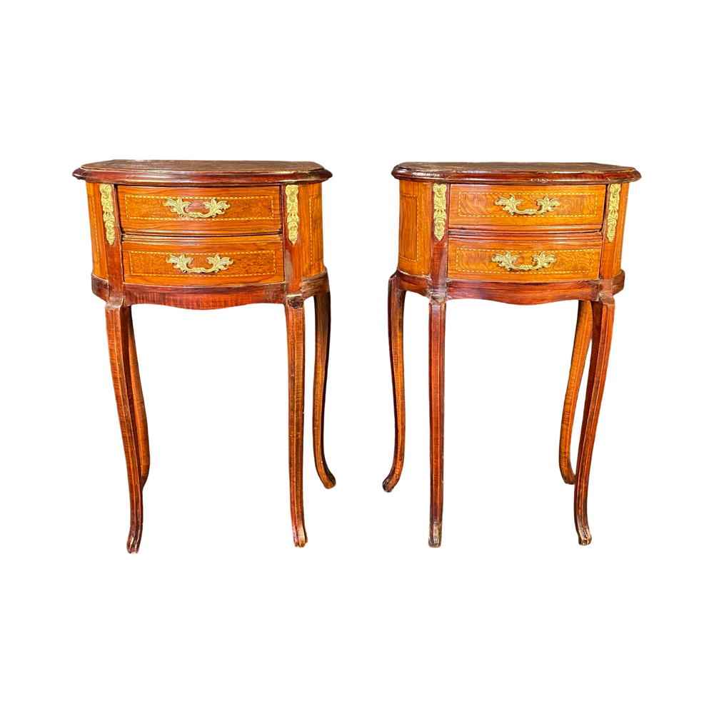 Pair of French Louis Xv Inlaid Marquetry Side Tables, Nightstands or Bed Side Tables with Ormolu Accents