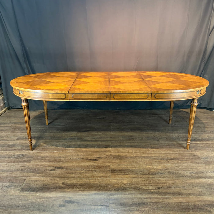 Midcentury French Louis XVI Style Walnut Parquetry Oval Extension Dining Table with Two Leaves