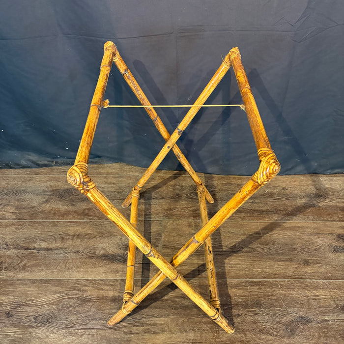 Pair of Midcentury Tortoiseshell Bamboo Folding Chairs with Bamboo and Rattan Tray Table
