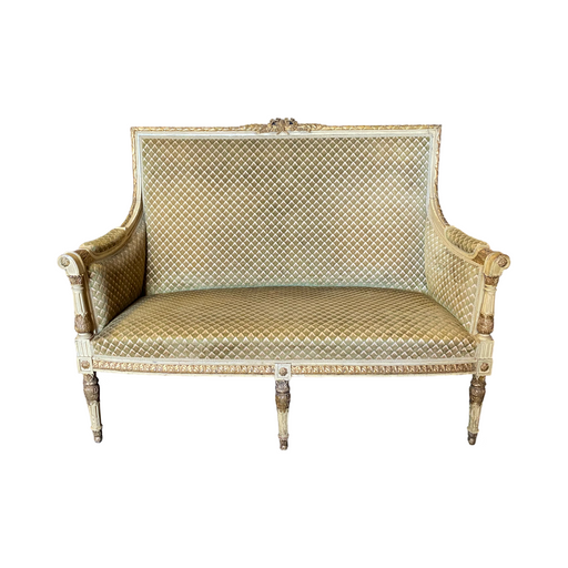19th Century Fine French Louis XVI Carved Sofa, Loveseat or Canapé with Original Cream and Gold Gilt Paint