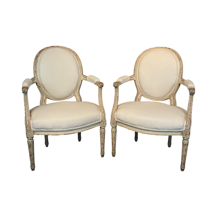 French Pair Louis XVI Painted Armchairs or Fauteuils