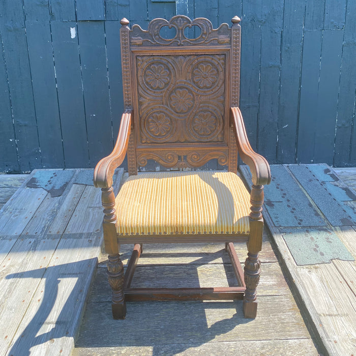 Antique Set of 8 British Jacobean Style Carved Oak Dining Chairs: 2 Arm Chairs and 6 Side Chairs