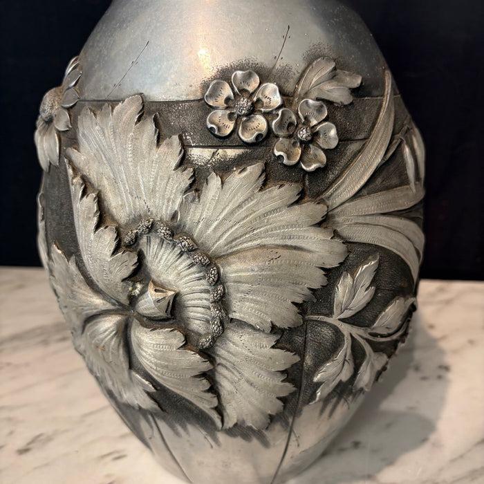 French Art Deco Pewter Floral Vase Signed by Lucien Houzeaux
