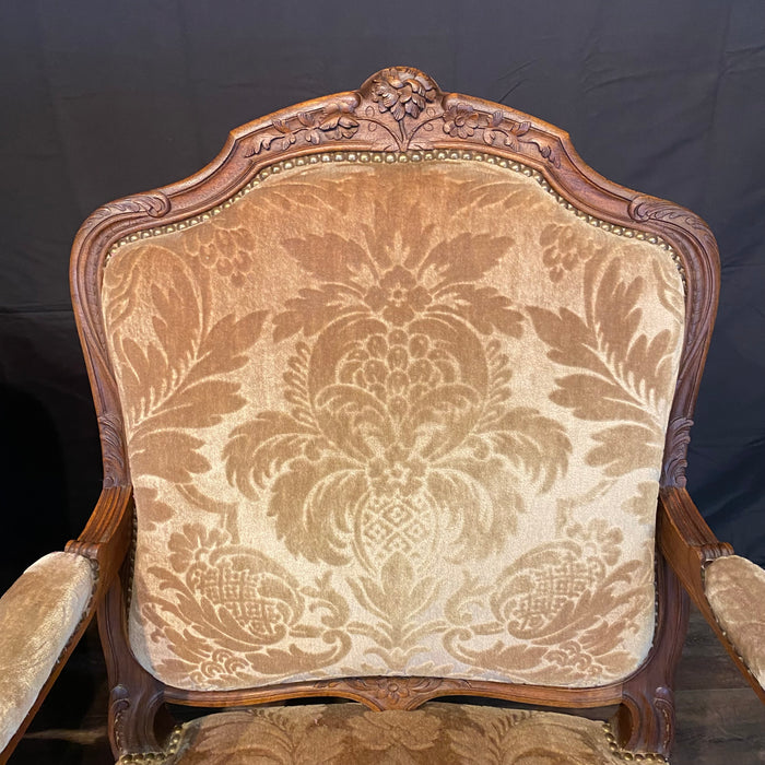 Pair of French Louis XV Carved Armchairs with Cut Velvet Mohair Upholstery