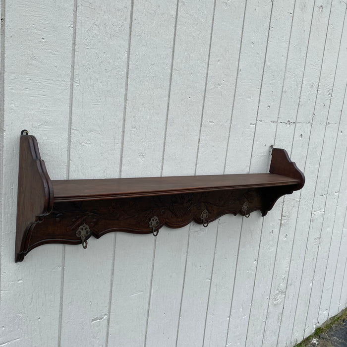 Antique Hand Carved 19th Century Walnut Hat and Coat Rack and Wall Shelf or Bookshelf with Hooks