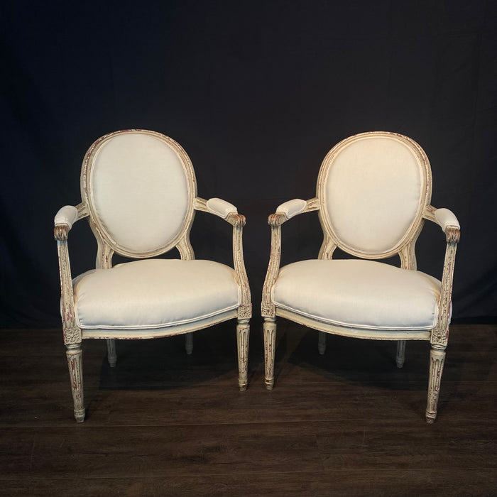 French Pair Louis XVI Painted Armchairs or Fauteuils