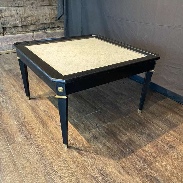 French Neoclassical Carrera Marble Top Ebony Black Coffee Table