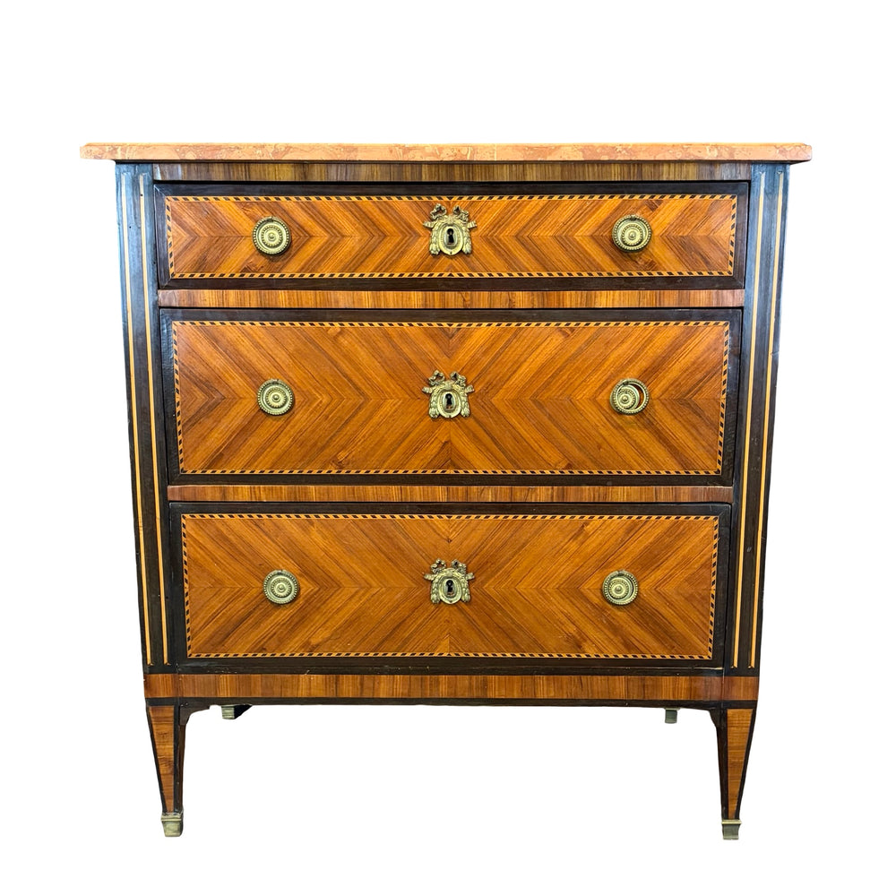 French Neoclassical Louis XVI Marble Top Parquetry Commode or Chest of Drawers