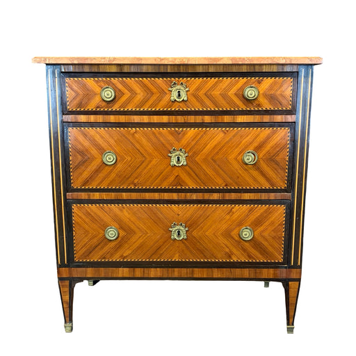 French Neoclassical Louis XVI Marble Top Parquetry Commode or Chest of Drawers