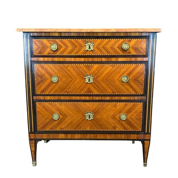 French Neoclassical Louis XVI Marble Top Parquetry Commode or Chest of Drawers
