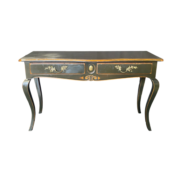 French Louis XV Style Ebonized Console Table or Buffet with Two Drawers and Pull Out Leaf