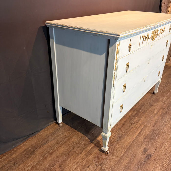 French Louis XVI Style Painted Blue Chest of Drawers with Gilt Bronze Mounts