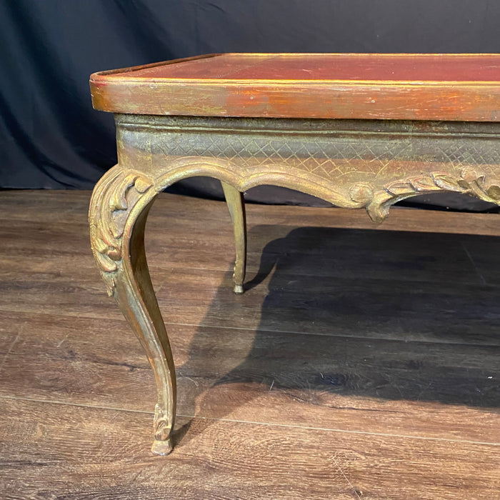 French Louis XV Coffee Table Gold Gilt Paint Carved with Leather Embossed Top