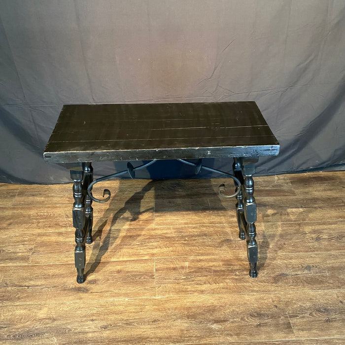 Antique Ebony Spanish Console Table with Curved Wrought Iron Stretchers