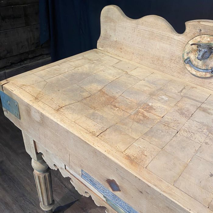 Antique French Butcher’s Block Table With Bull’s Head Mount and Rare Paris Maker's Label Jules Mareschal