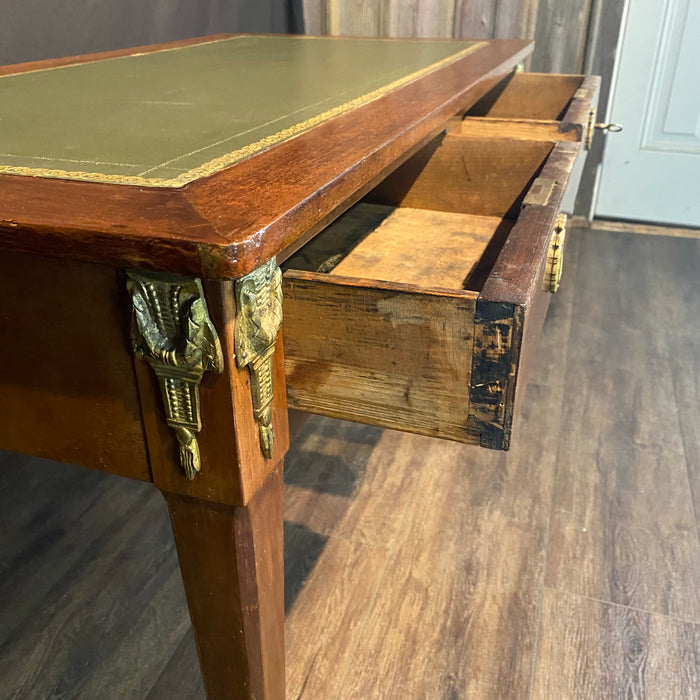 French Antique Embossed Leather Top Desk with Two Drawers and Original Key