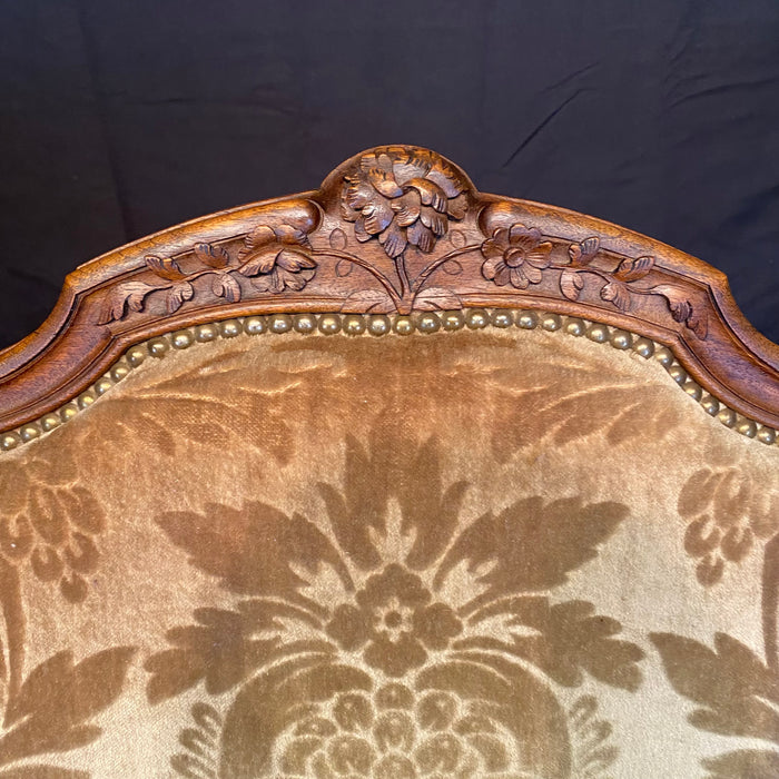 Pair of French Louis XV Carved Armchairs with Cut Velvet Mohair Upholstery