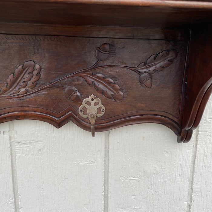 Antique Hand Carved 19th Century Walnut Hat and Coat Rack and Wall Shelf or Bookshelf with Hooks