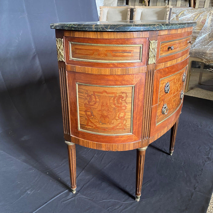 French Louis XVI Marble Top Inlaid Demilune Walnut and Fruitwood Commode, Console or Side Table with Exquisite Marquetry