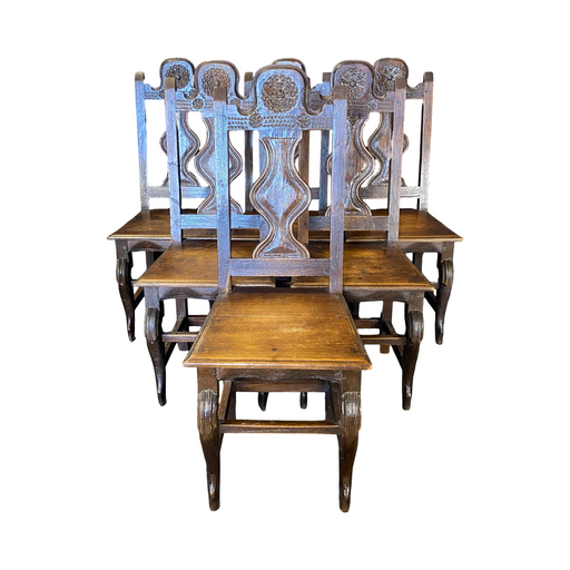 French Exquisitely Carved Early 19th Century Oak Renaissance Revival Dining or Side Chairs set of 6