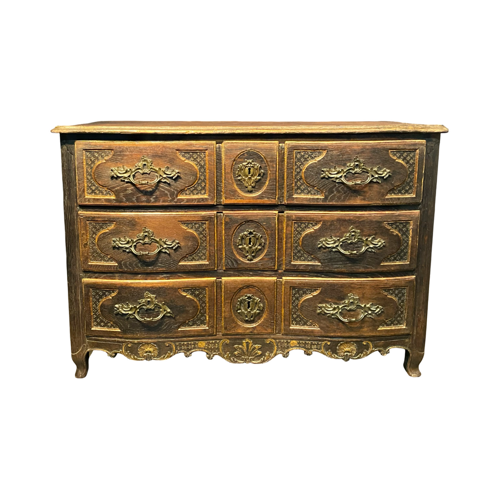 Early 19th Century French Louis XV Commode, Dresser or Chest of Drawers with Ebony Accents and Carved Drawer Front French Carved Louis XV Chest of Drawers