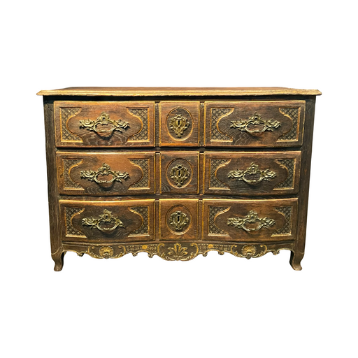 Early 19th Century French Louis XV Commode, Dresser or Chest of Drawers with Ebony Accents and Carved Drawer Front French Carved Louis XV Chest of Drawers