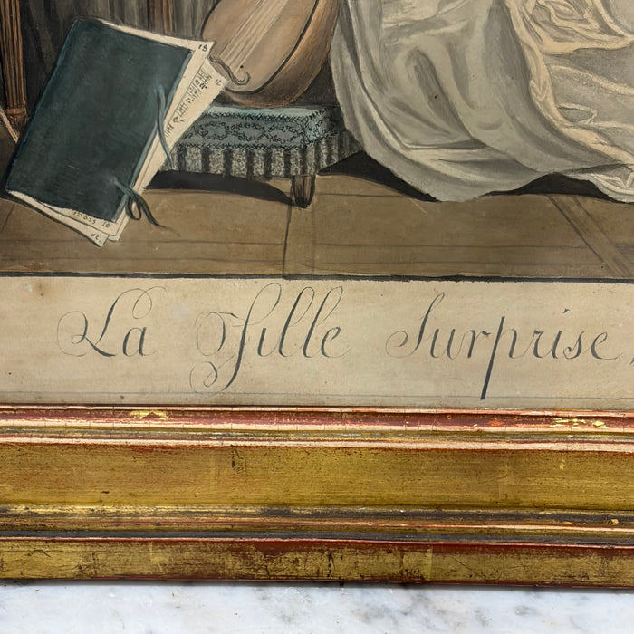Matching Pair of late 18th Century Desnoyer Artwork: French Color Engravings Framed in Period Gold Leaf Frames