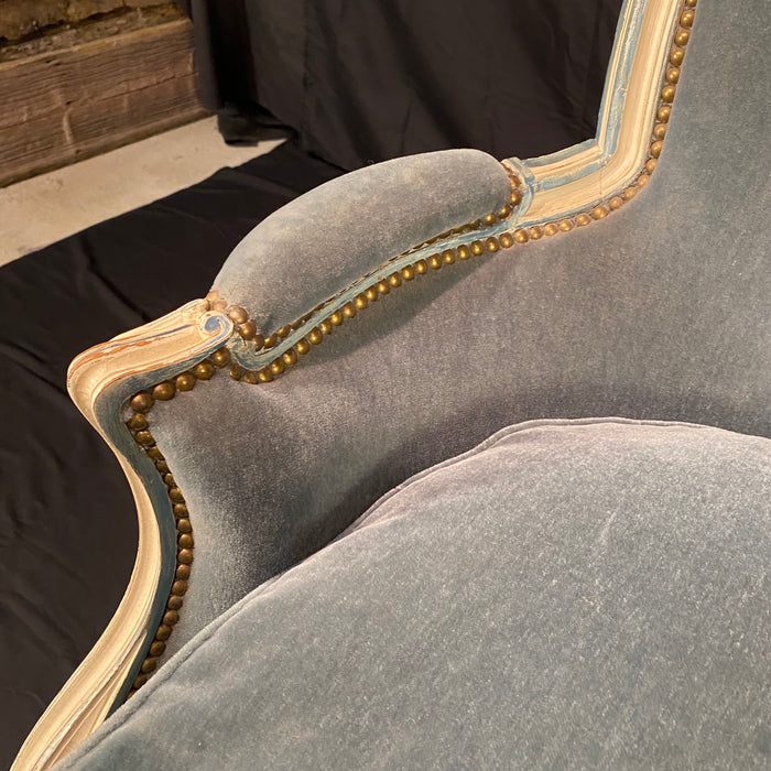Pair of Antique French Louis XVI Armchairs or Bergere Chairs in Original White Paint and Blue Mohair Upholstery