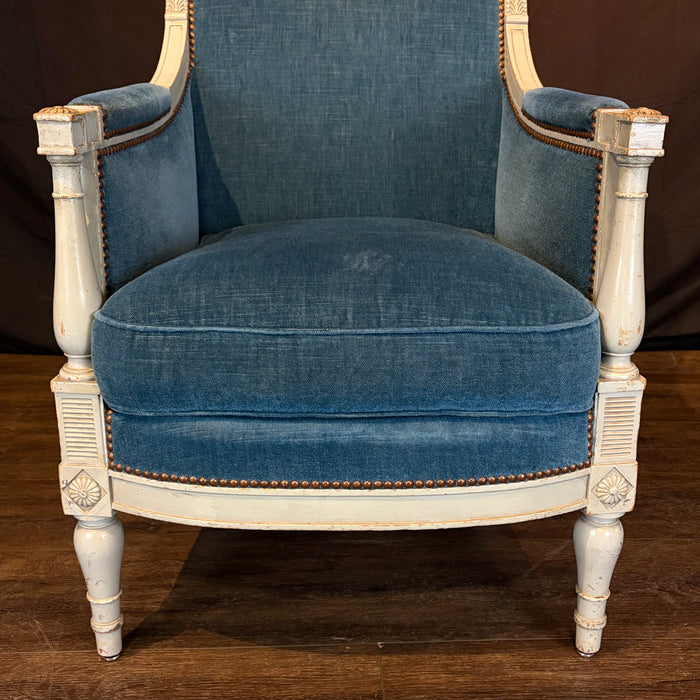 Pair of Antique French Neoclassical Painted Armchairs or Bergères in Blue Mohair