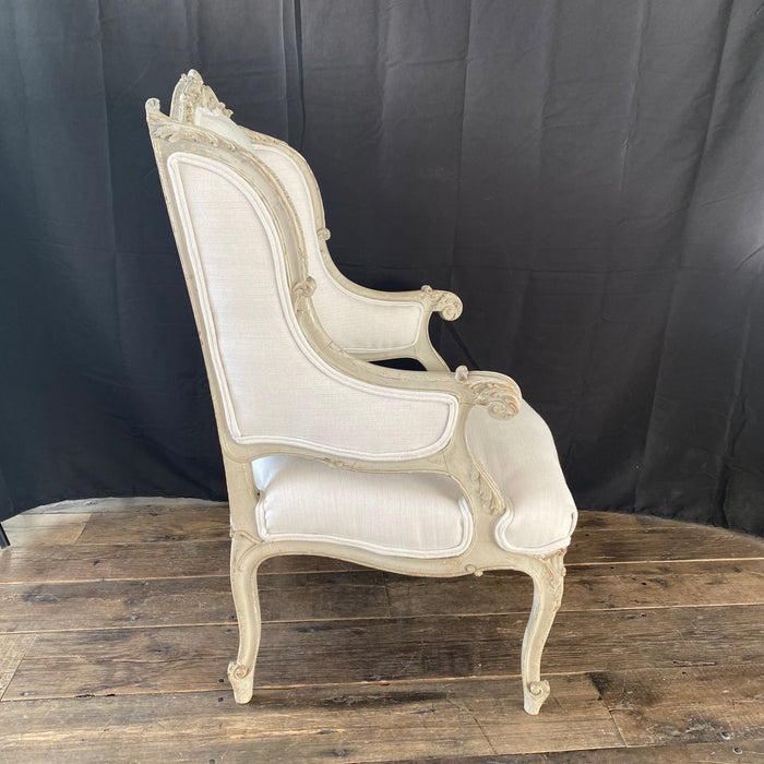 Fine Pair of 19th Century French Louis XV Carved Armchairs Wing chairs or Bergeres with Original Paint