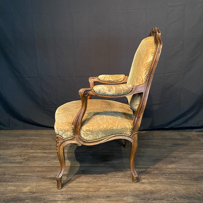 Pair of French Louis XV Carved Armchairs with Cut Velvet Mohair Upholstery