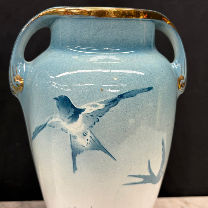 French Faience Three-Piece Vase and Jardinière Set with Swallows by Keller and Guerin