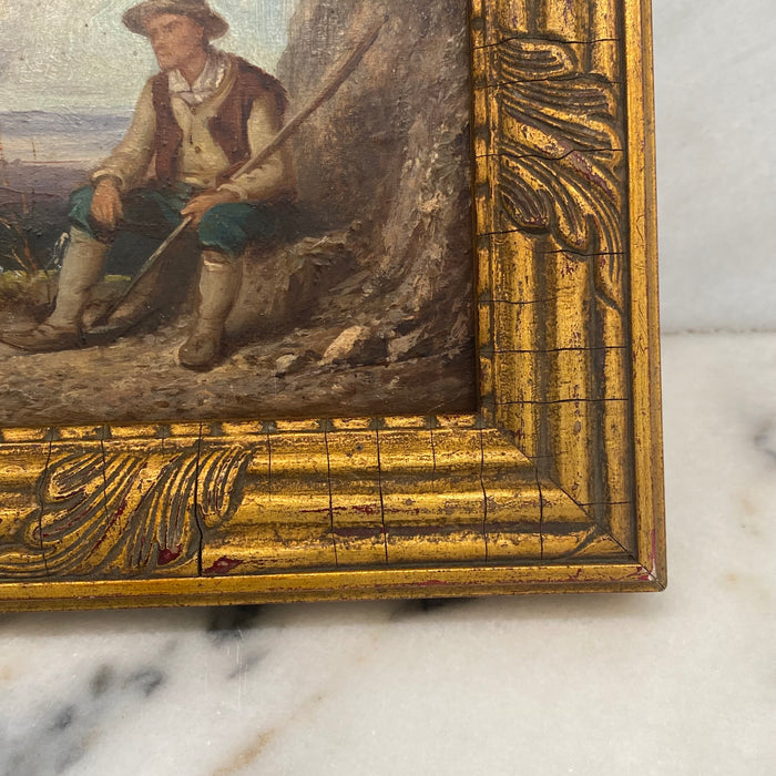 French 19th Century Signed Oil Painting of a Shepherd in Giltwood Frame