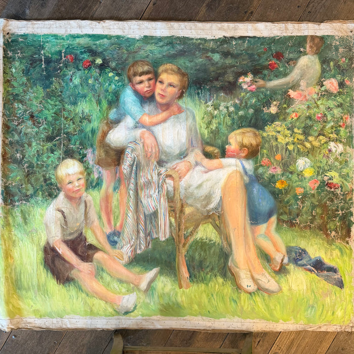 Impressionist Oil Painting: Listed Maine Artist Emily Muir (1904–2003) Large Figural Garden Scene with Mother and Children, Oil on Canvas