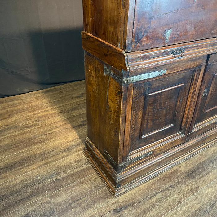 18th Century Spanish Baroque Walnut Bargueno or Vargueno Fall-Front Writing Desk Cabinet Spanish Cabinet "Bargueño" or Vargueno on Stand, Original Wrought Iron and Keys