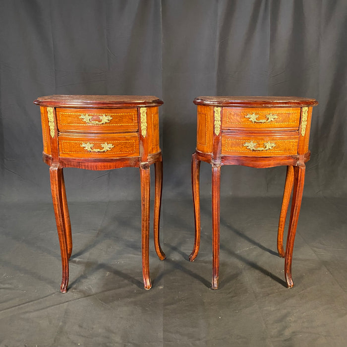 Pair of French Louis Xv Inlaid Marquetry Side Tables, Nightstands or Bed Side Tables with Ormolu Accents