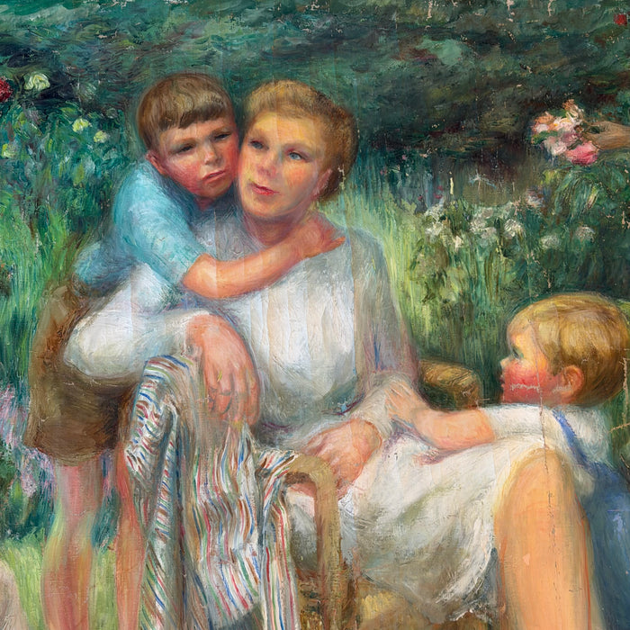 Impressionist Oil Painting: Listed Maine Artist Emily Muir (1904–2003) Large Figural Garden Scene with Mother and Children, Oil on Canvas