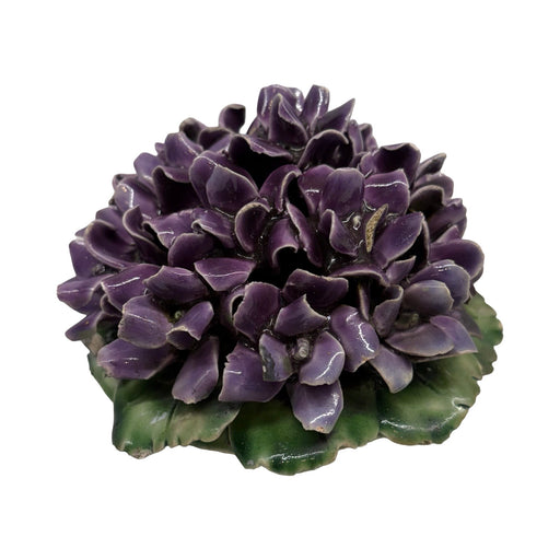 Antique French Purple Violet Porcelain Flower Bouquet with Green Leaves