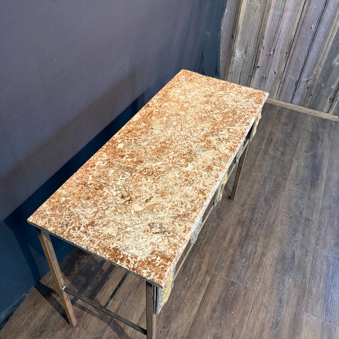 Stunning French Balcony Console Table with Marble Top & Gold Figural Wrought Iron Panel