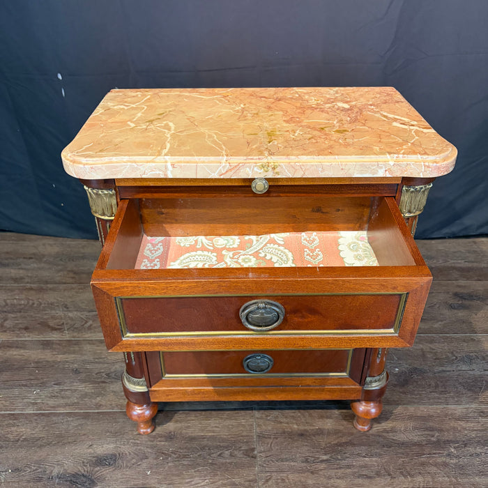 Pair of Antique French Marble Top Petite Commodes, Side Tables or Nightstands with Brass Mounts