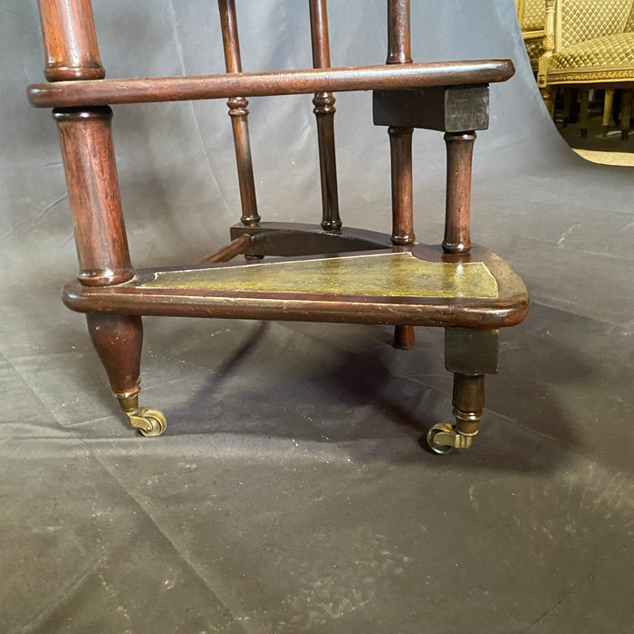 French Antique Library Staircase, Library Steps or Spiral Stairs in Mahogany with Embossed Leather Treads