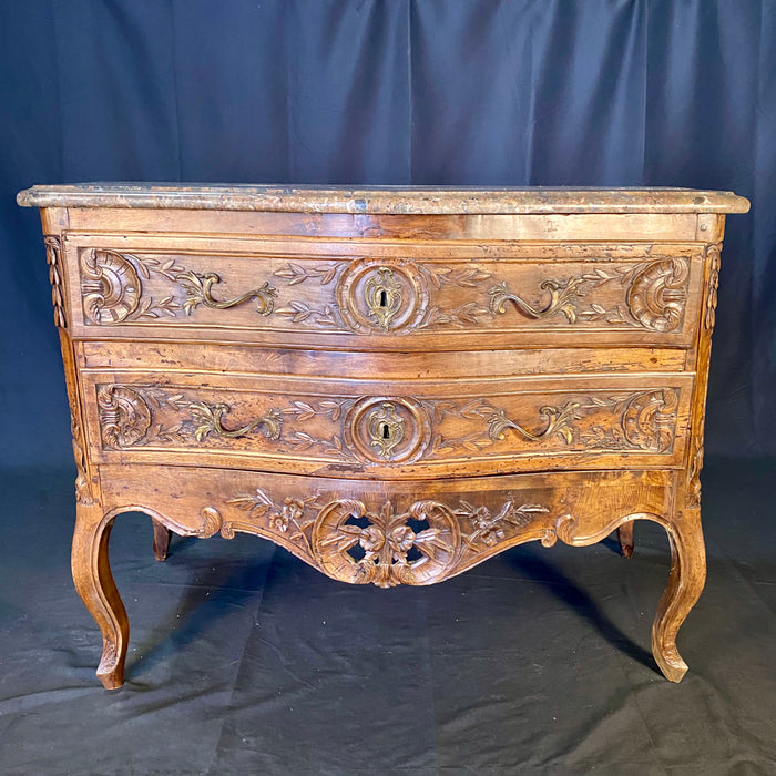 French Period Louis XV Marble Top Commode or Chest of Drawers or Dresser with Exquisite Carving