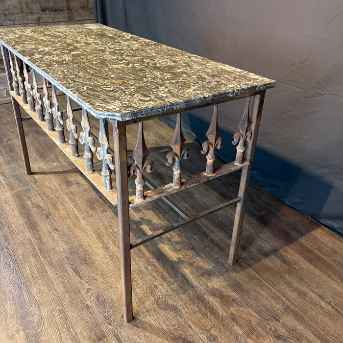 Antique French Wrought Iron Console Table with Marble Top | Balcony Railing Console Large