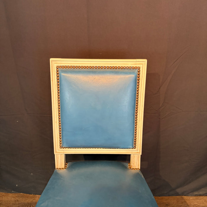 Set of Eight French Louis XVI Painted Dining Chairs in Blue Leather Circa 1920