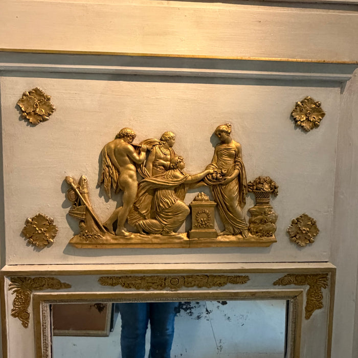 French Early 19th Century Louis XVI Period Trumeau Mirror with Pastoral Scene in Original Gold Gilt