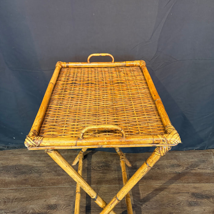 Pair of Midcentury Tortoiseshell Bamboo Folding Chairs with Bamboo and Rattan Tray Table