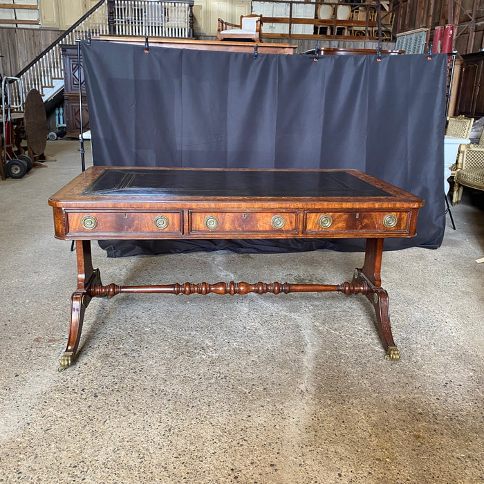 British Regency Style Mahogany Partners Two Sided Desk or Writing Table with Embossed Leather Top