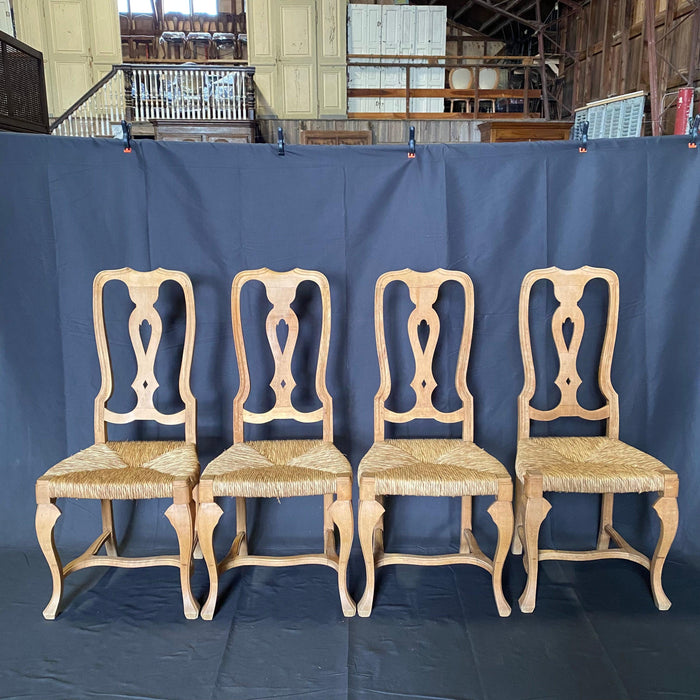 French Set of 4 Dining Chairs or Side Chairs with Pierced Back Splat and Rush Seats